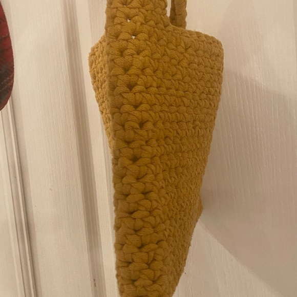 Vintage Handmade Crochet Woven Small Tote Bag Mustard Yellow Boho Trapillo - Picture 7 of 8